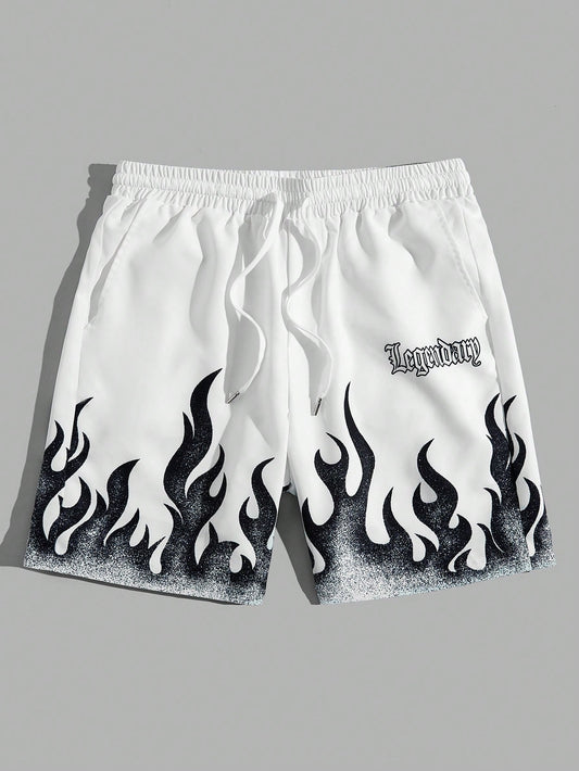 Men's Woven Casual Shorts With Flame Letter Print Pattern Graphic Fire