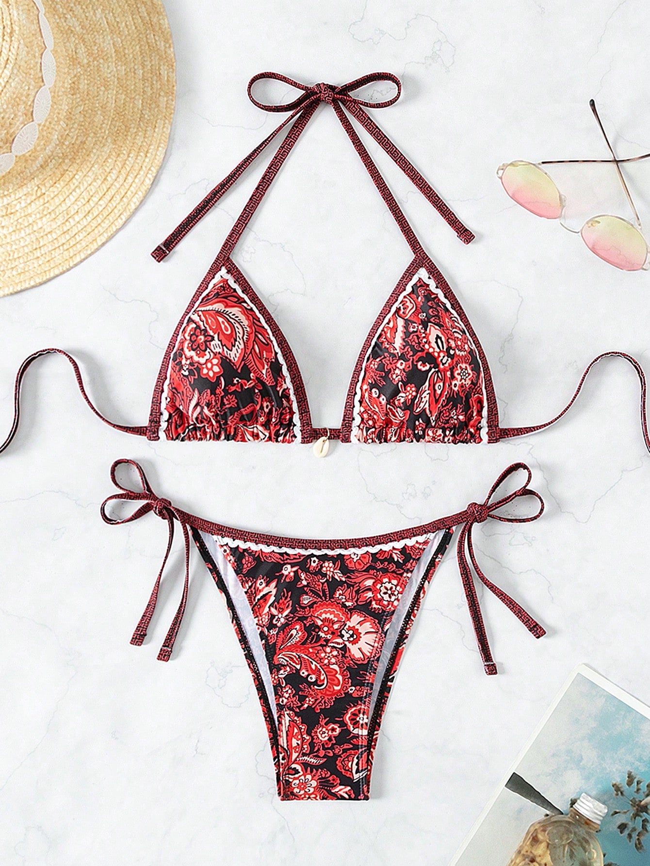 Swim Women Summer Beach Floral Print Halter Neck Bikini Set