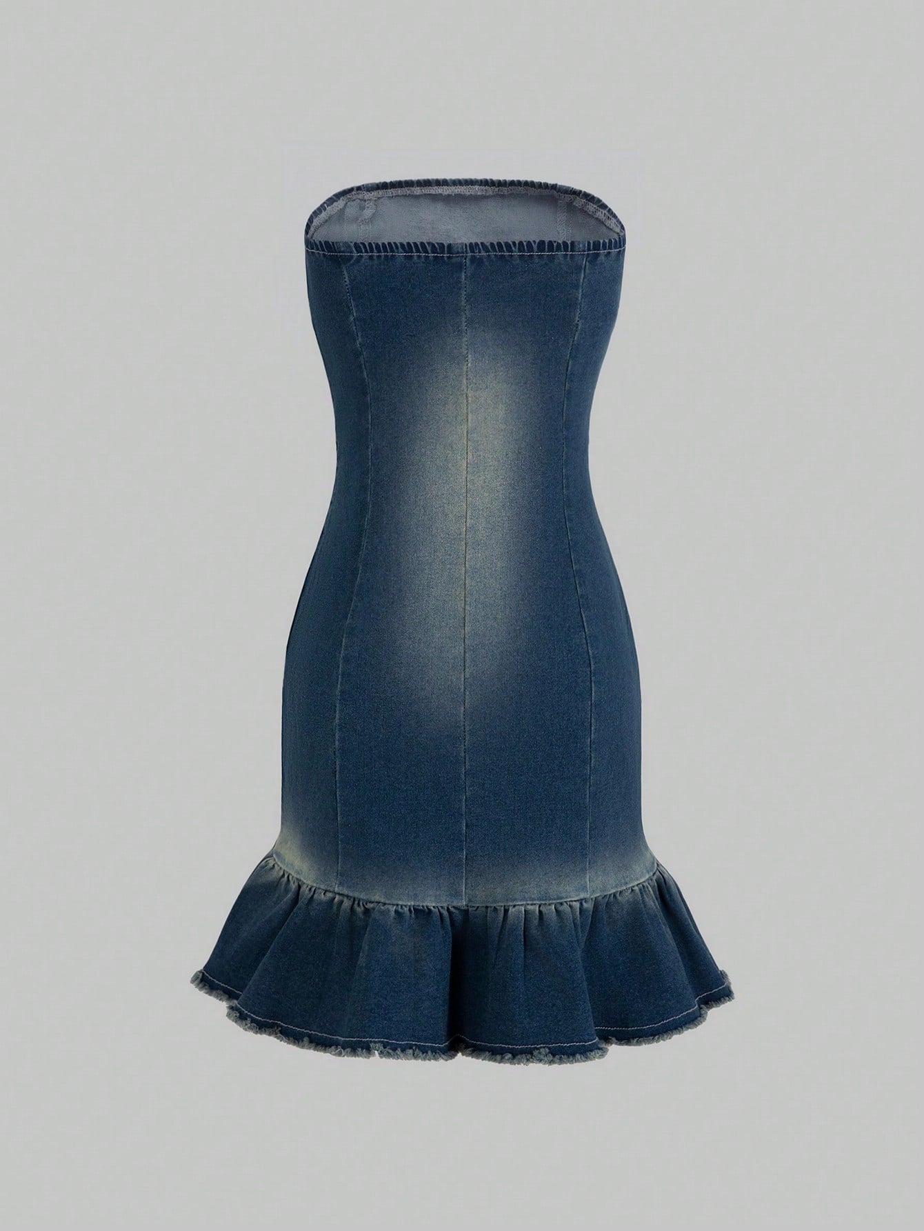 Teen Girl's New Casual Fashionable Designed Washed Denim Strapless Dress With Ruffle Hem