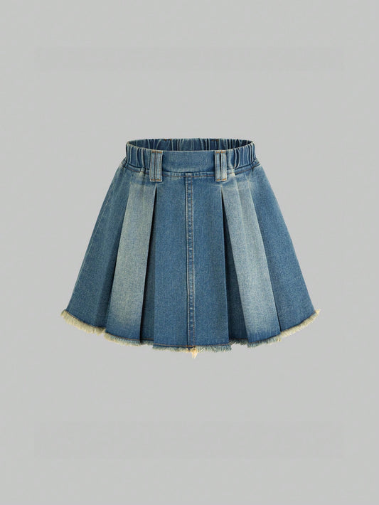 Streecool Kids New Arrival Tween Girls' Casual Fashionable Washed Denim Skirt With Pleated Design