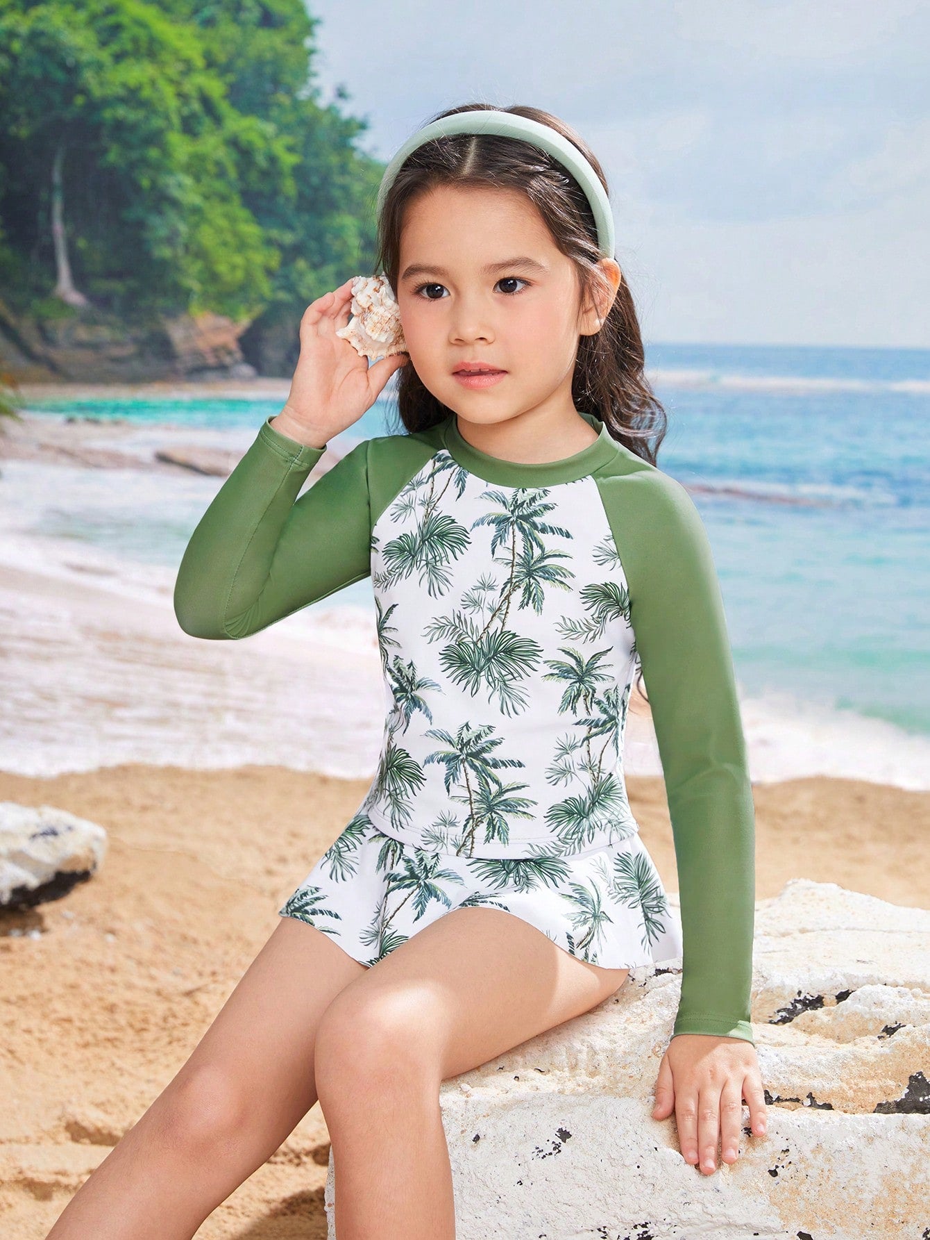 Young Girls' Long Sleeve Swimsuit Set With Plant Pattern Print