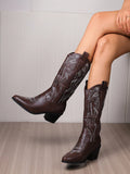 Fairycore New Arrivals Spring & Autumn Forest Style Brown Pointed Toe Western Style Horse Riding Boots With Embroidery, Chunky Heel Cowgirl Cowboy Boots For Women