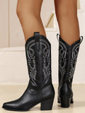 Goth Women's Spring/Autumn New Fashion Black Embroidery Chunky Heel Western Style Boots With Pointed Toe, Cowboy Boots For Women