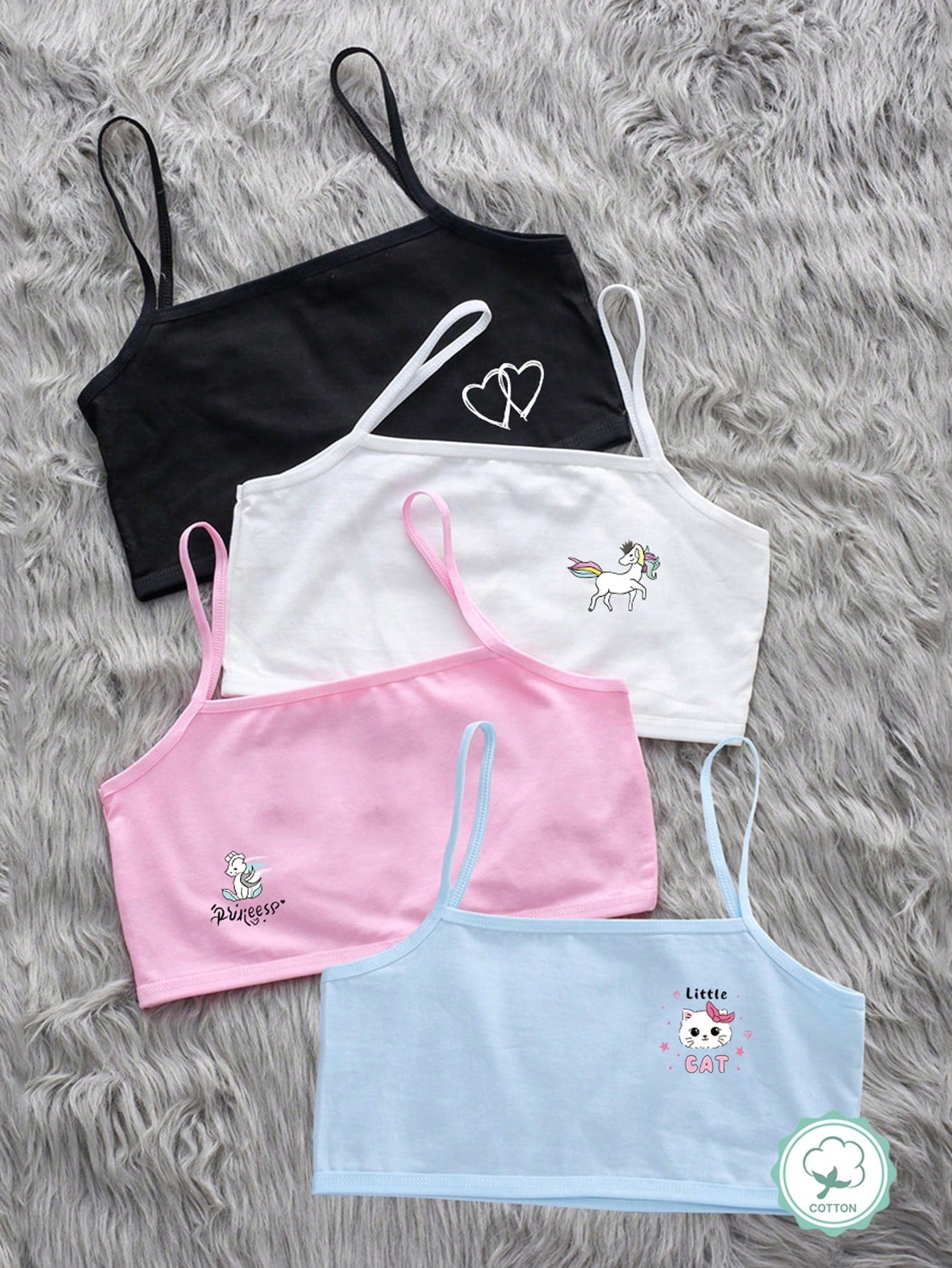 Tween Girl 4pcs Cartoon Animal Printed Wireless Camisole Bra Set