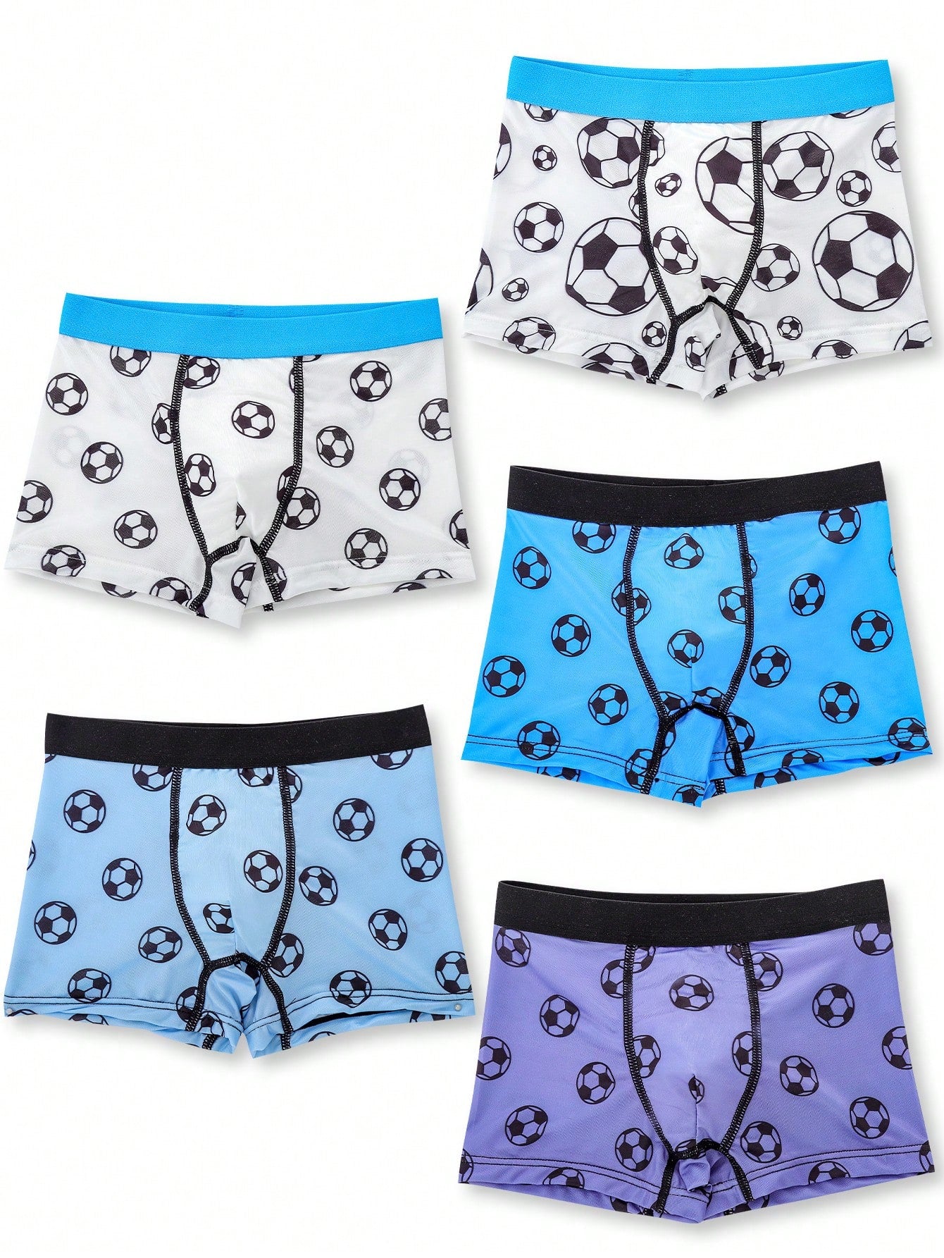 5pcs Young Boys' Boxer Briefs Set, Soccer Printed With Color Block Waistband, Comfortable Fit