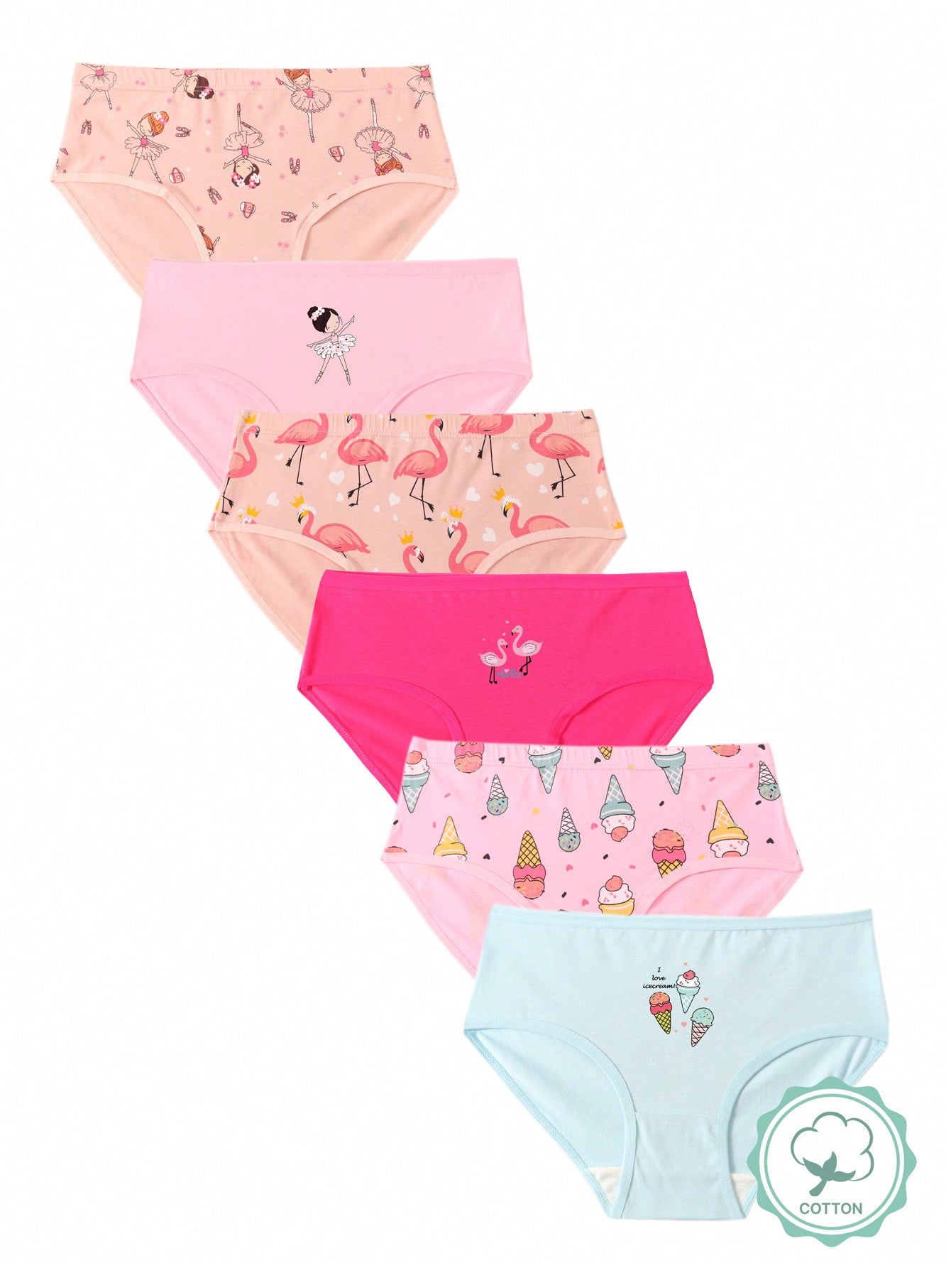 Young Girl Cute Mixed Ice Cream, Flamingo, Ballet Elements Triangle Panty Set 6pcs/Pack