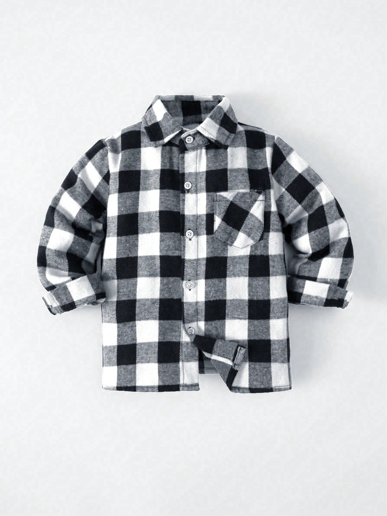 Young Boy Classic Street Style Black And White Plaid Long Sleeve Shirt, Casual