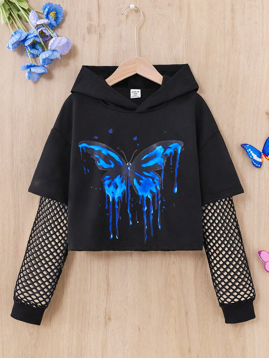 Tween Girl Butterfly Print Contrast Fishnet Hoodie