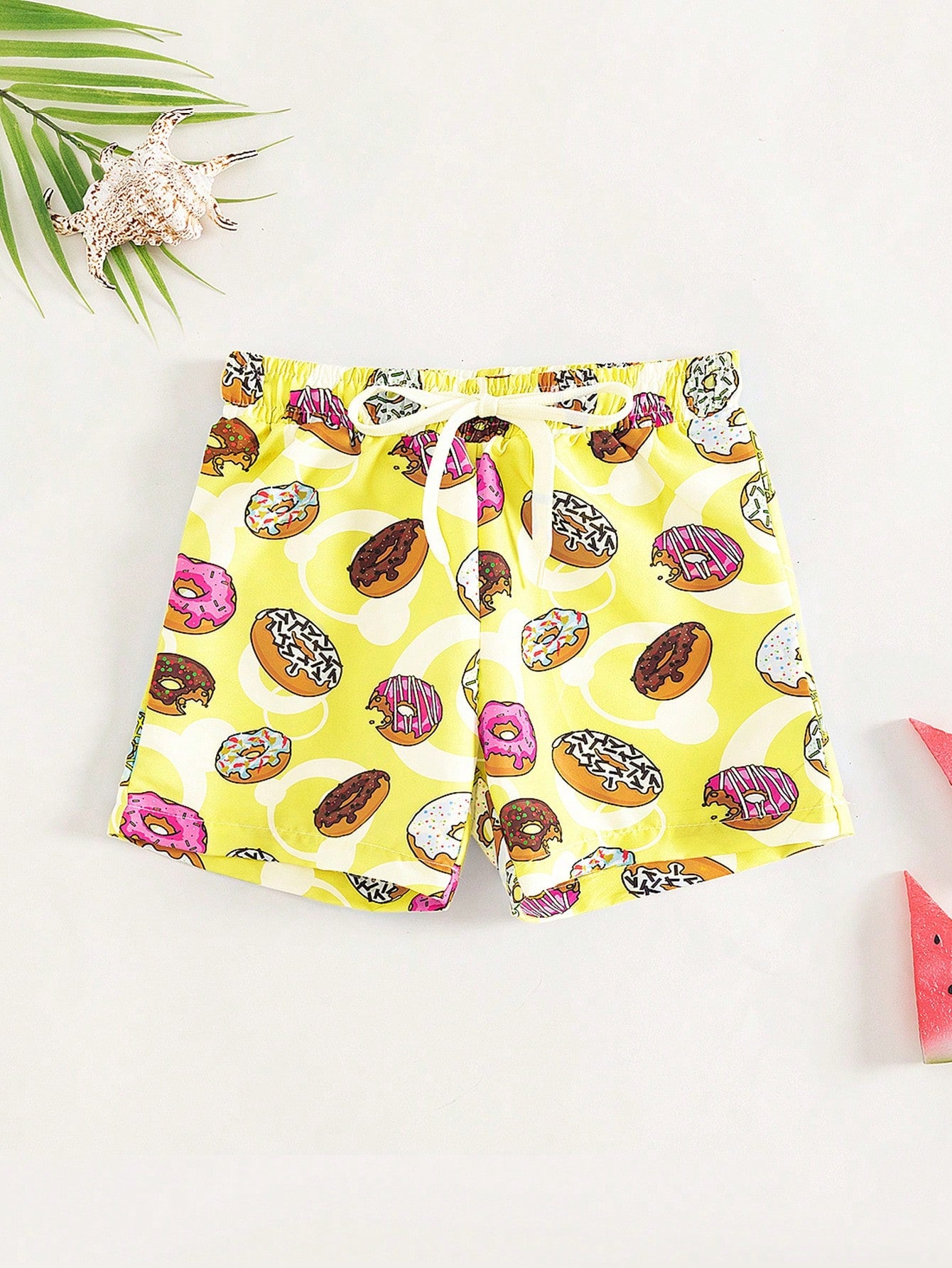 Young Boy 1pc Donut Print Drawstring Waist Swim Shorts