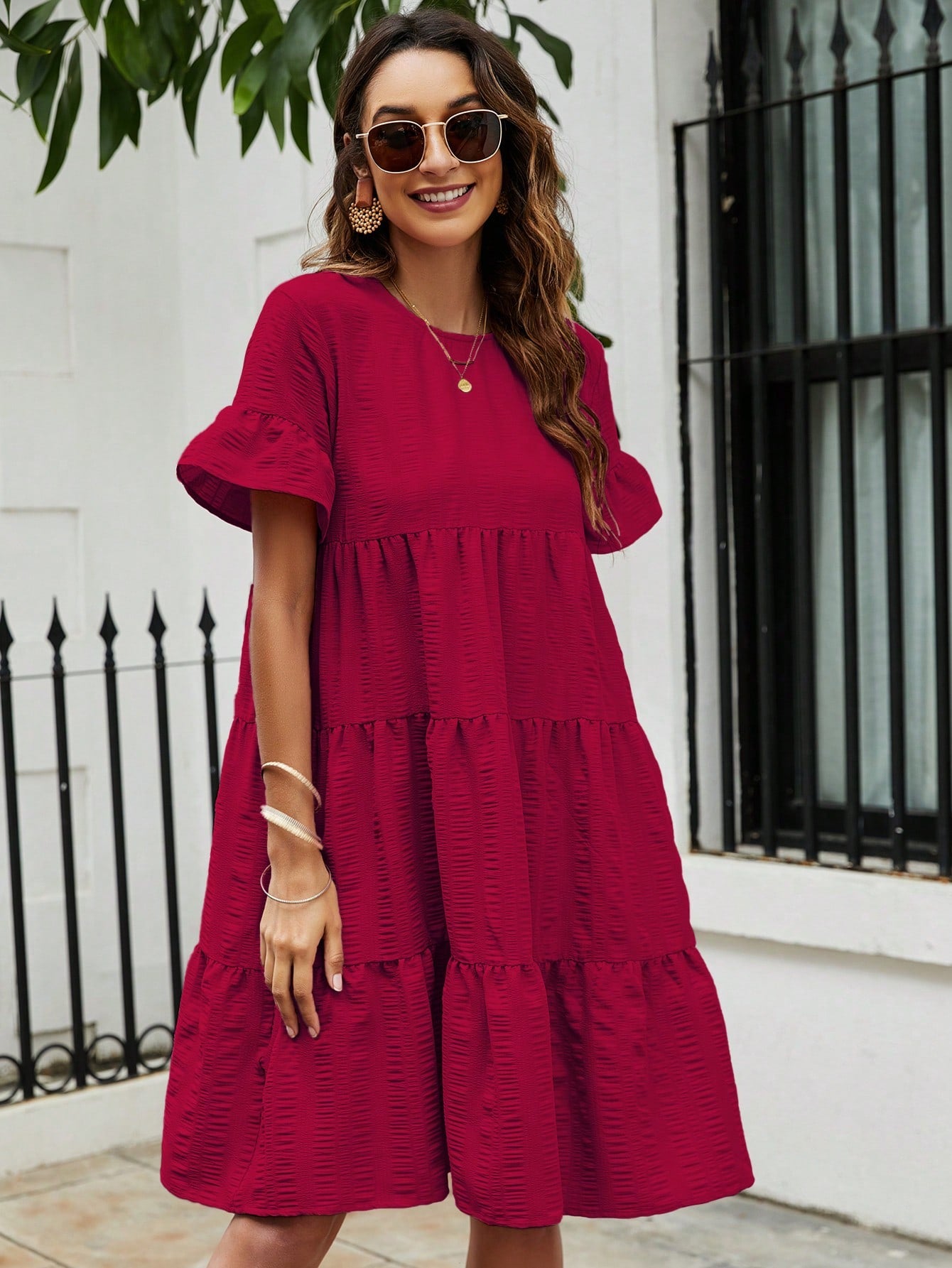 Solid Flounce Sleeve Smock Dress