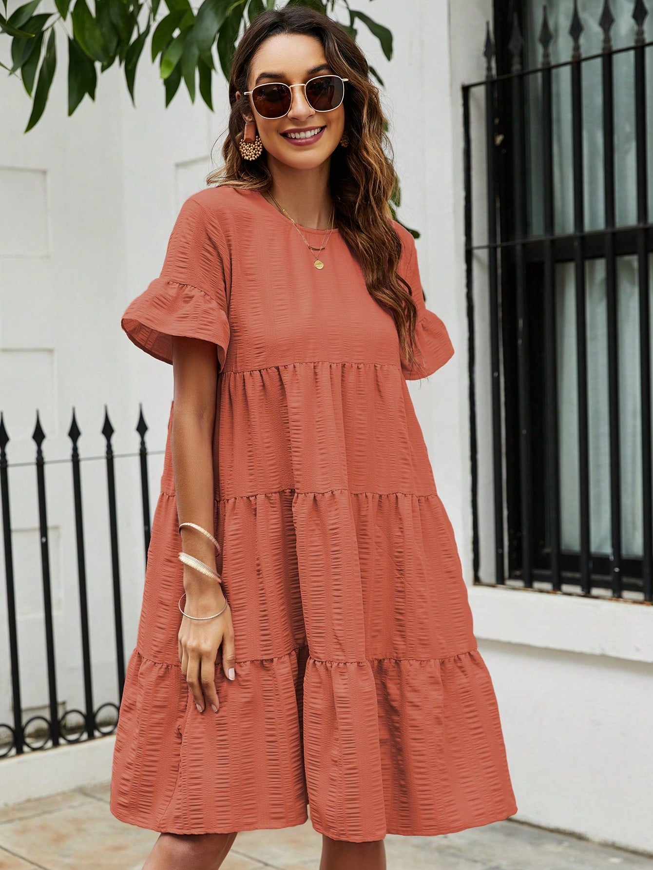 Flare Sleeve Ruffle Hem Smock Dress