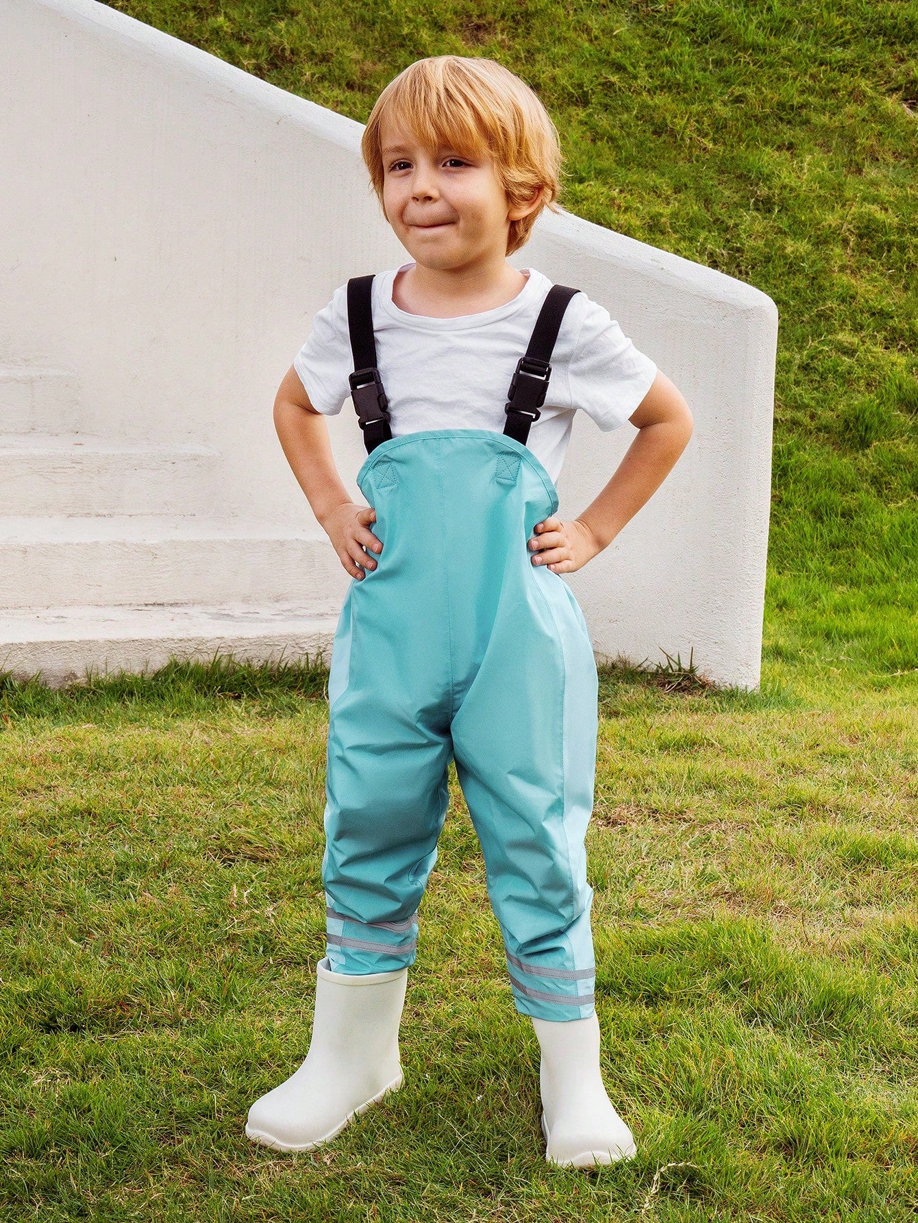 Boys' Blue Colorblock Waterproof All Seasons Suspender Pants, Cute Style