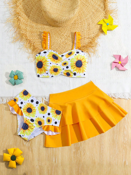 Young Girl's Random Printed Bikini Set With Ruffle Trim + Swim Skirt 3pcs