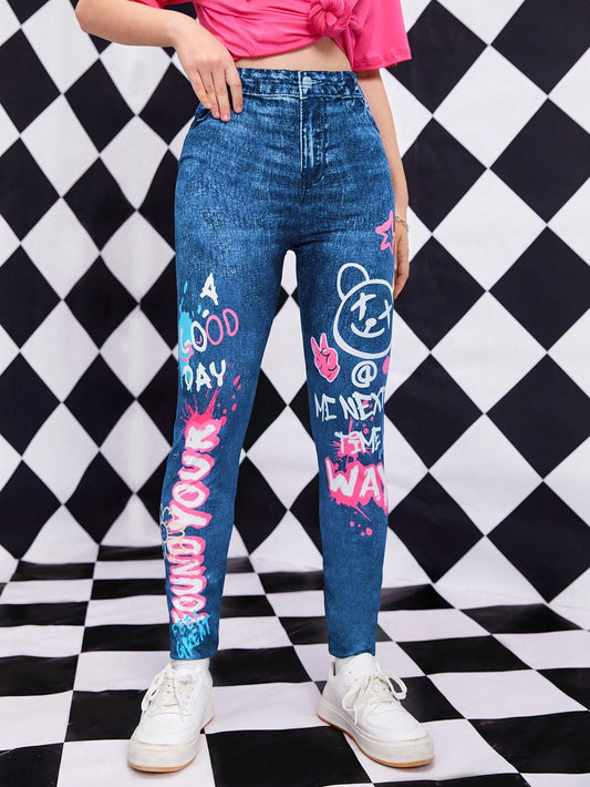 Teen Girl Slogan & Cartoon Graphic Leggings