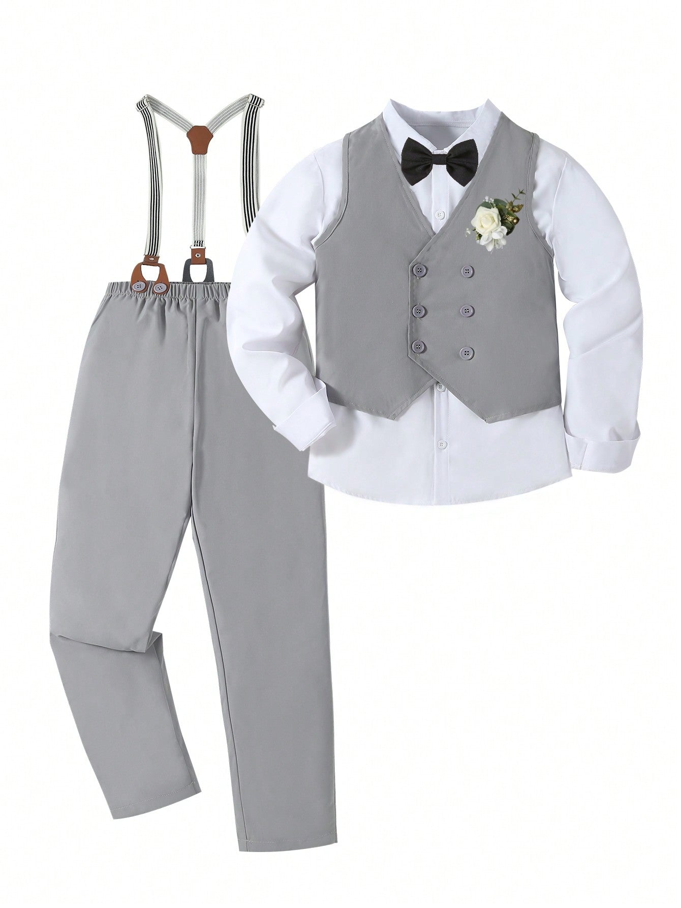 2pcs Tween Boys' Gentleman Style Suit - Solid Color Vest And Pants With Braces +  & Fashionable Outfit Suitable For Birthday Parties, Evening Parties, Performances, Weddings, Christening, And First Birthday Celebrations