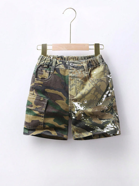 Young Boy Vintage Street Style Cool & Personalized Color Block Camouflage Denim Shorts