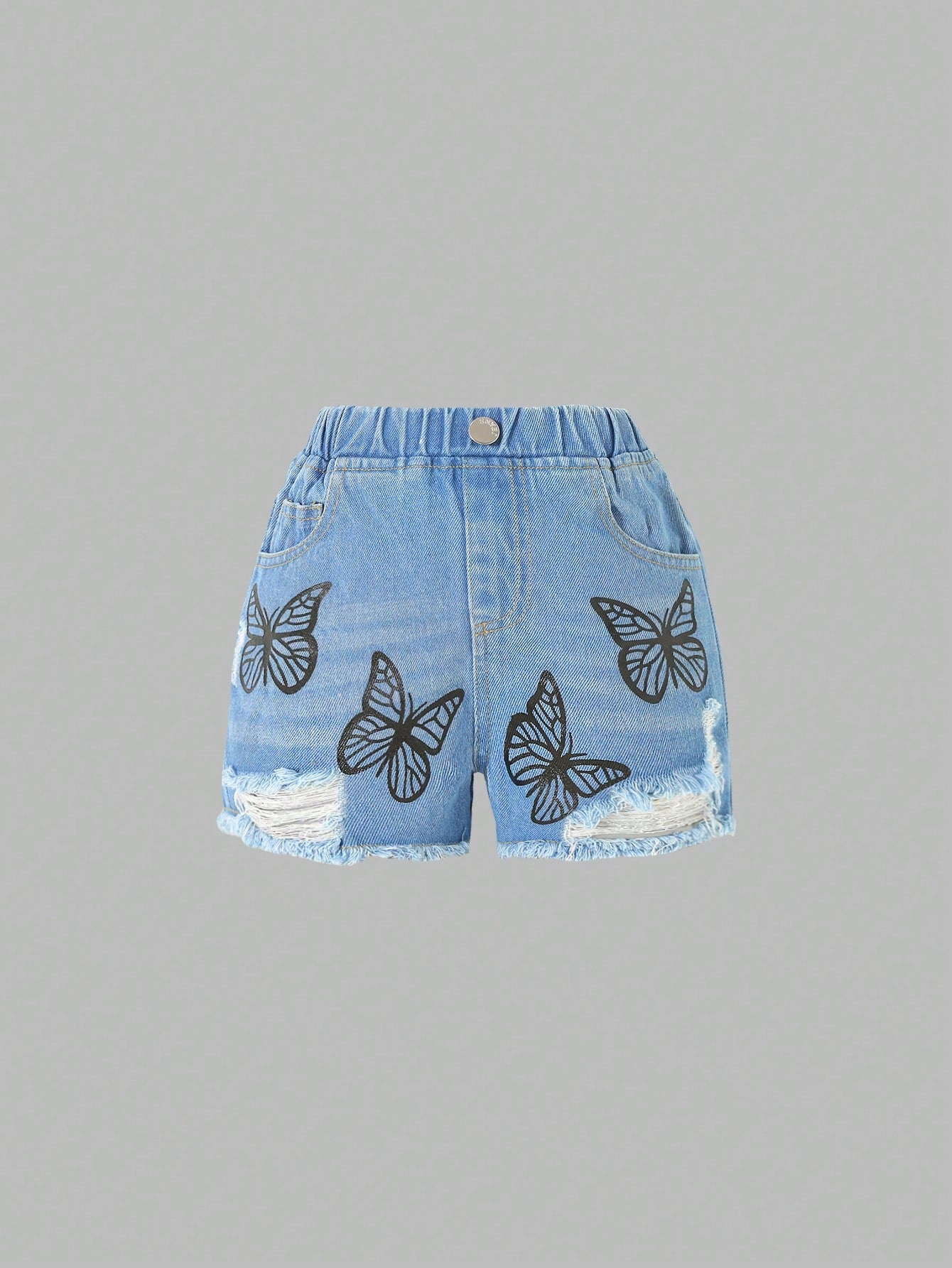 Toddler Girls' Butterfly Graffiti Prined Water Wash Soft Distressed Denim Shorts