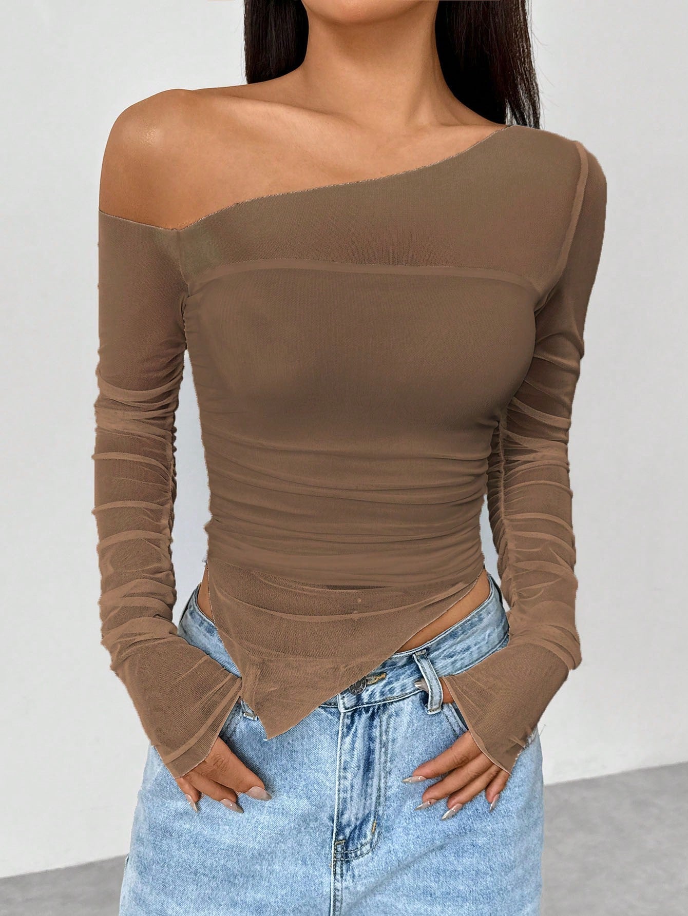 Women's Casual Mesh Splicing Asymmetrical Neckline T-Shirt