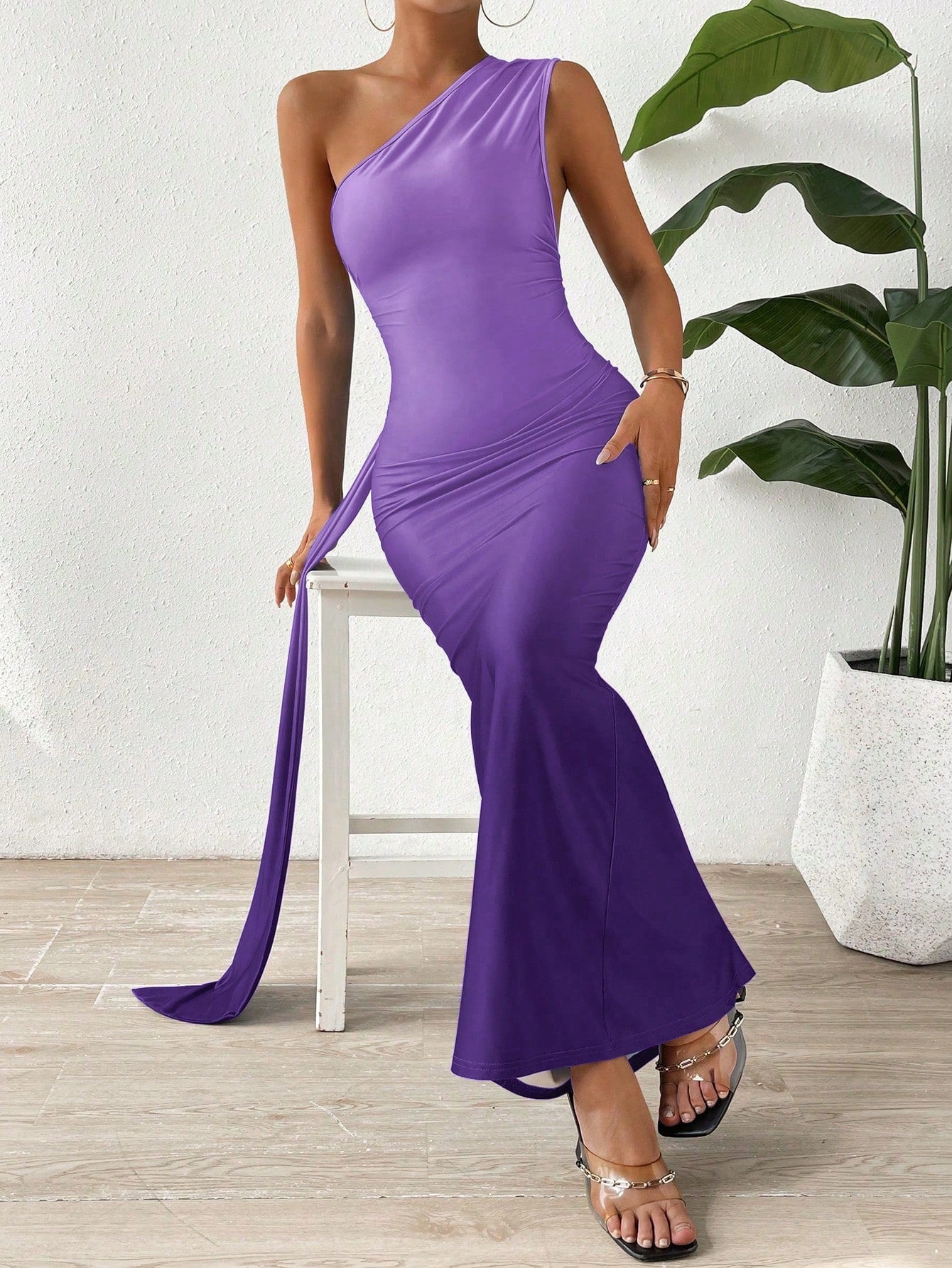 One Shoulder Draped Side Mermaid Hem Dress