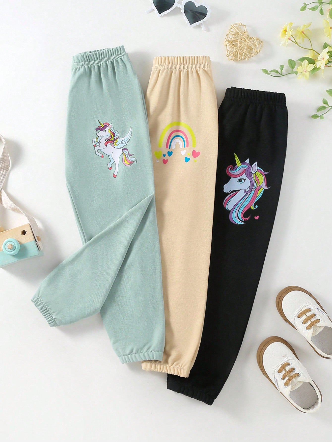 Young Girl 3pcs Casual Sporty Unicorn Print Jogger Pants With Elastic Waistband And Cuffs, Spring & Autumn