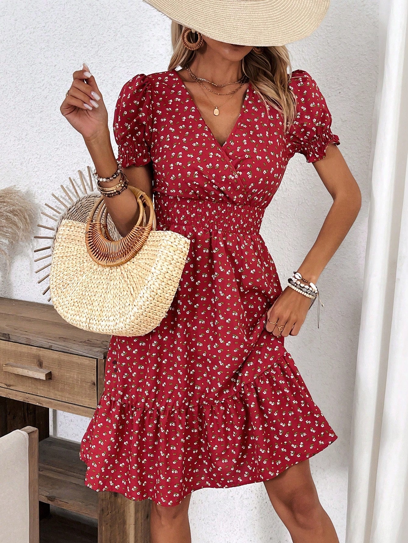 Frenchy Women's Short Floral Puff Sleeve Dress