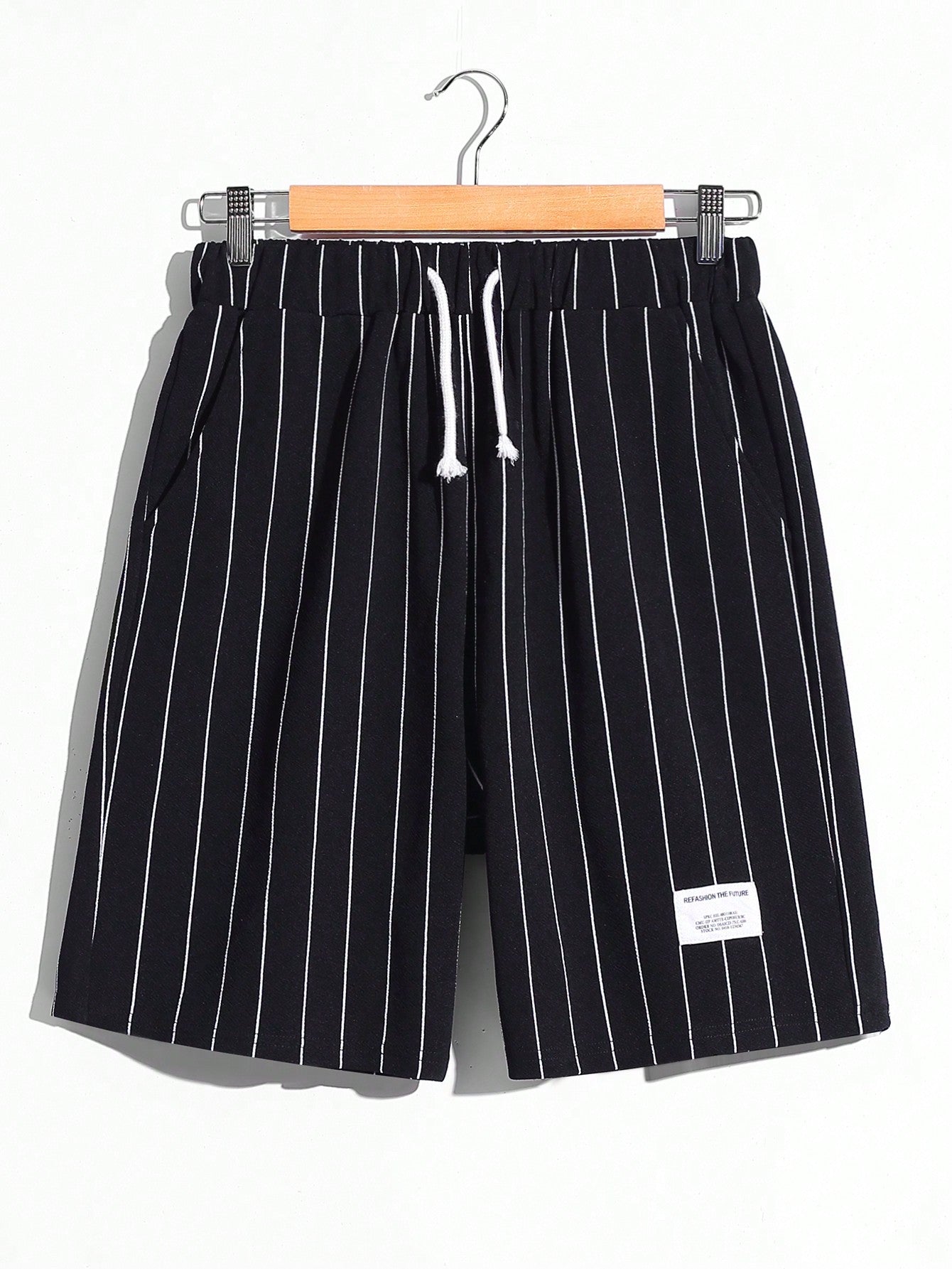 Teen Boys' Casual Striped Print Shorts With Patch Details And Drawstring Waist