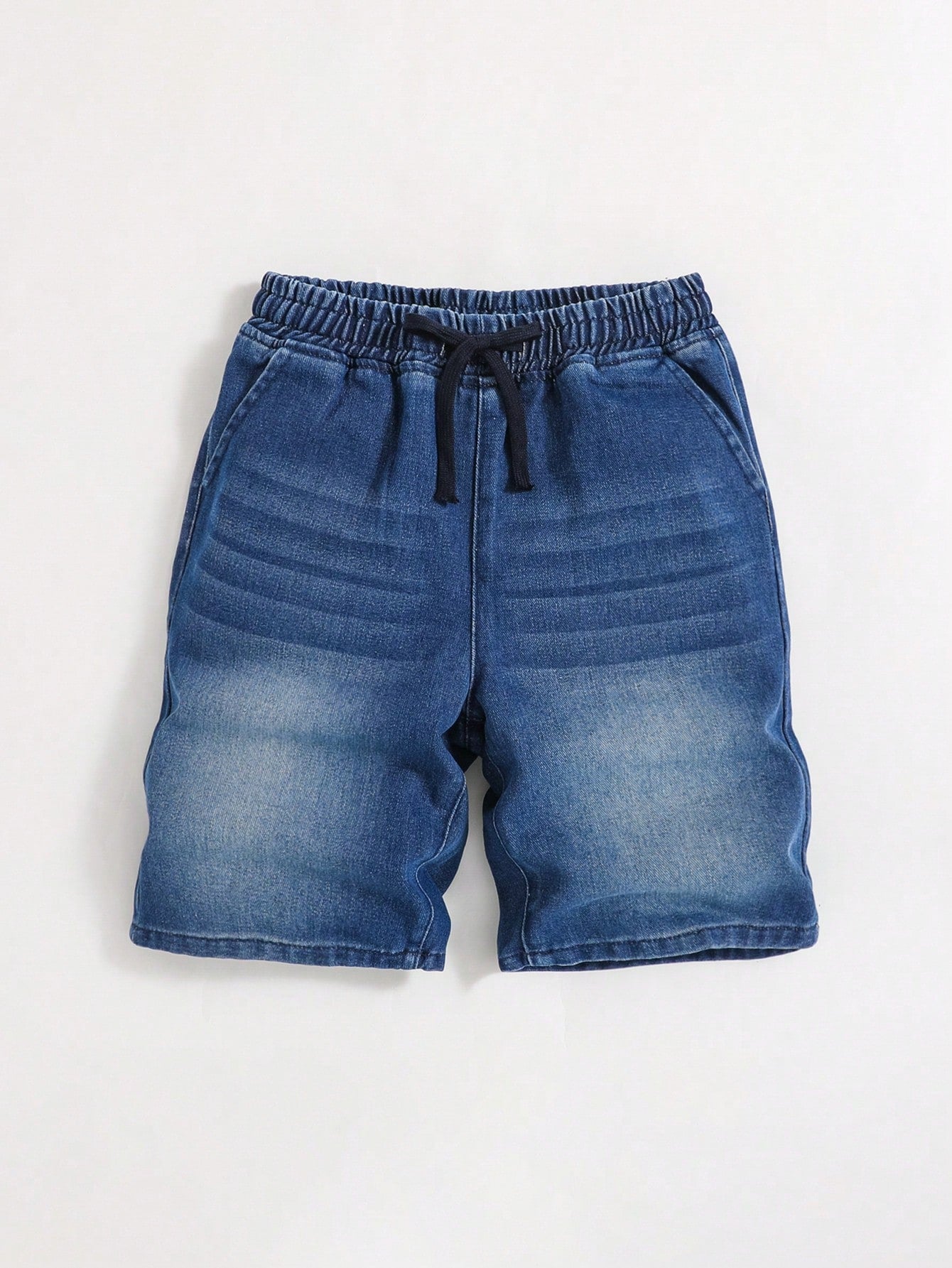 Teen Boy's Loose Fit Dark Blue Denim Shorts With Elastic Waistband And Slanted Pockets