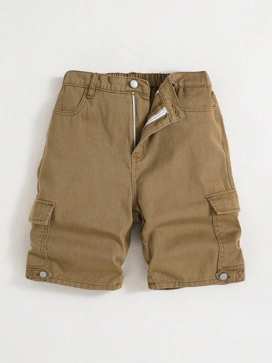 Teen Boy Color Loose Fit Washed Denim Shorts With Cargo Pockets