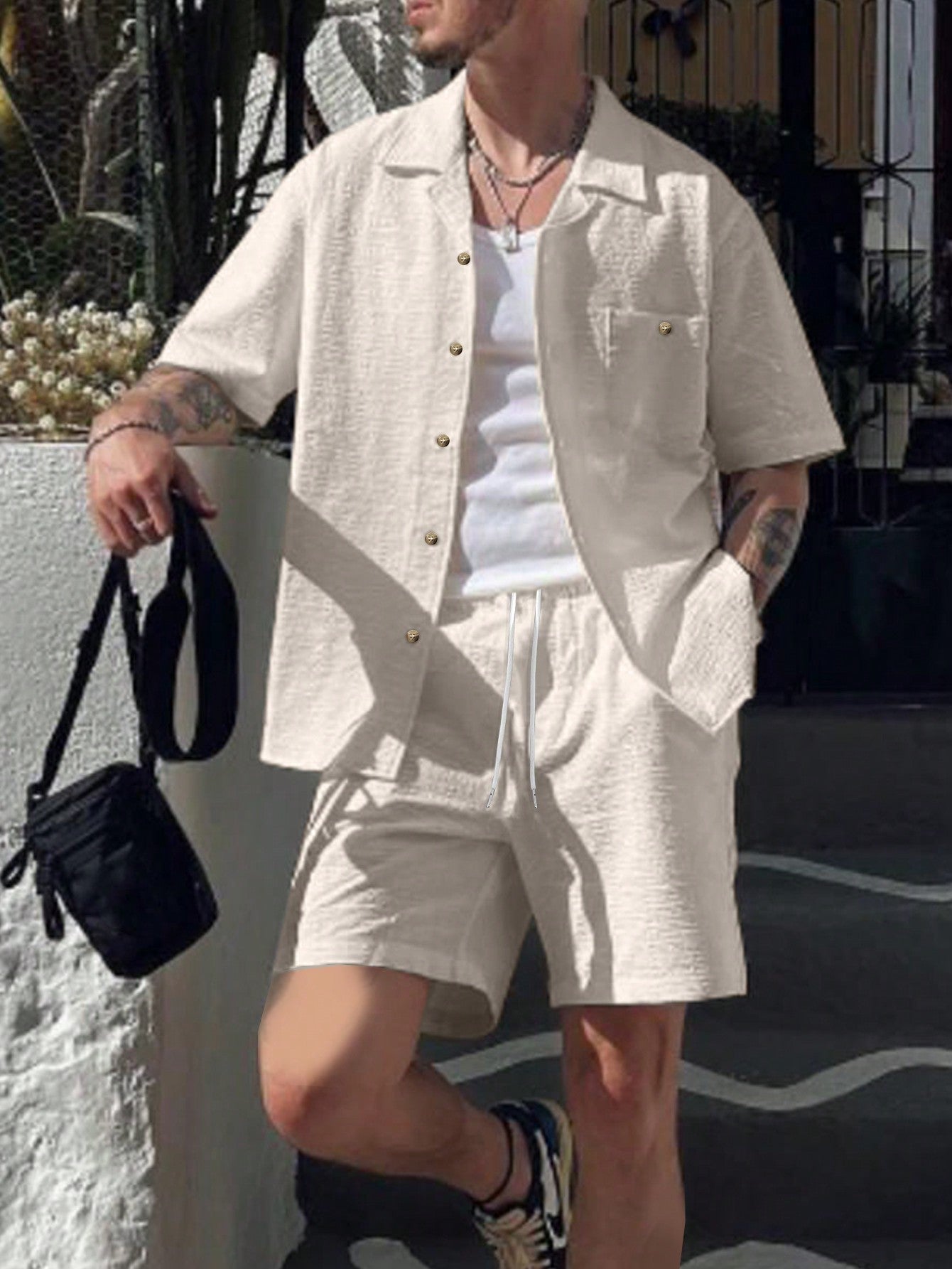 Men's Solid-Colored Simple Shirt And Shorts Set