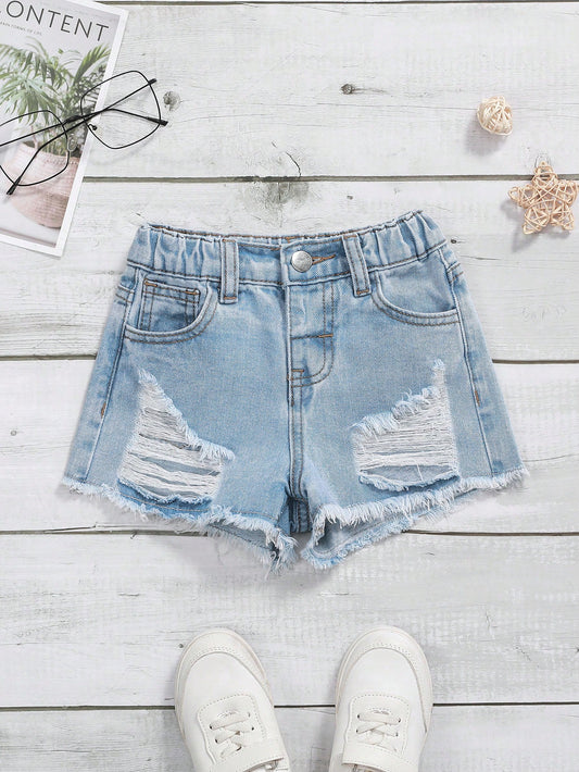 Kids Young Girl Distressed Frayed A-Line Denim Shorts, Summer Outfits