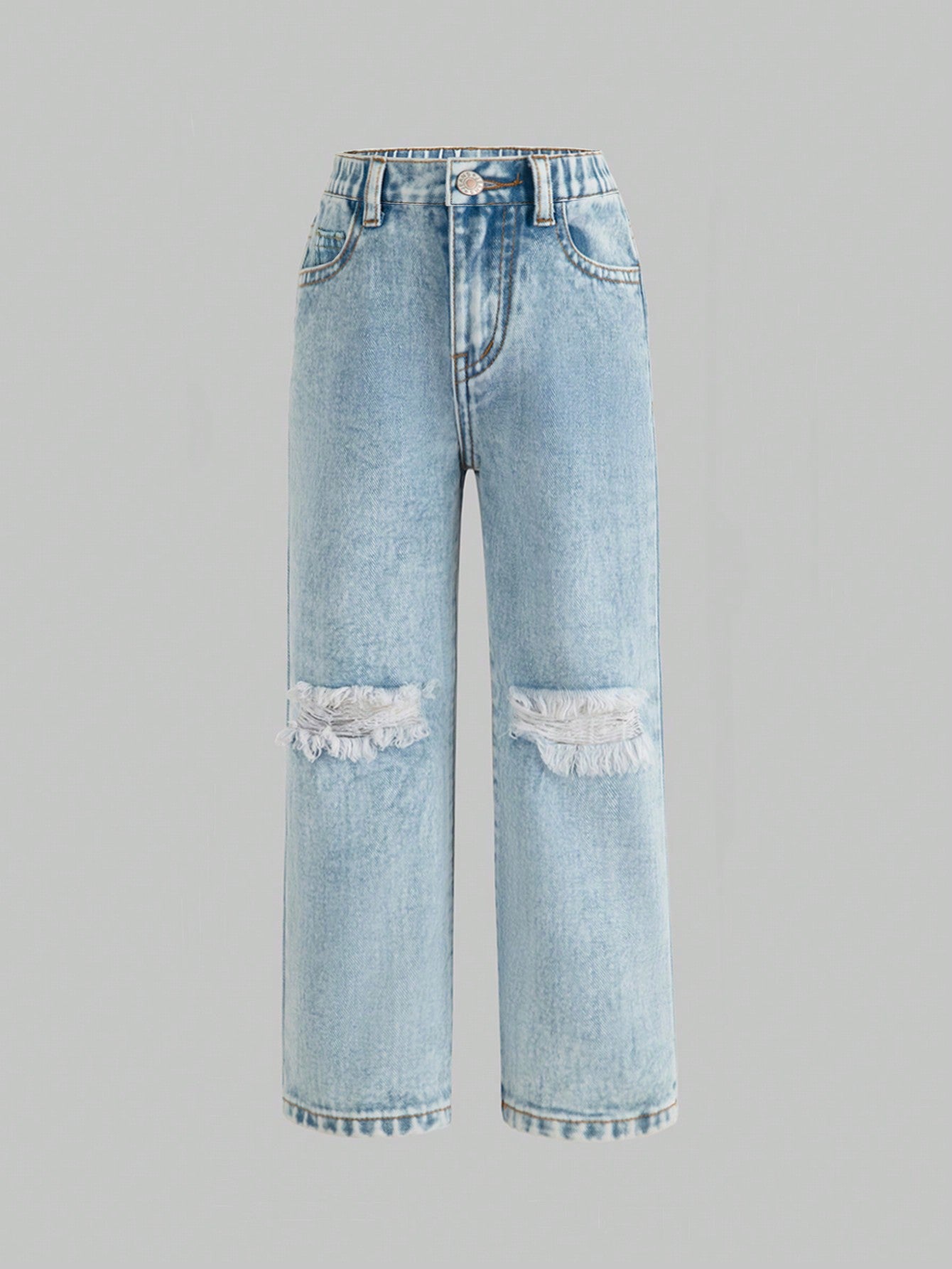 Streecool Kids Young Girl New Casual Fashionable Vintage Sense Distressed Straight Leg Jeans With Washed Effect