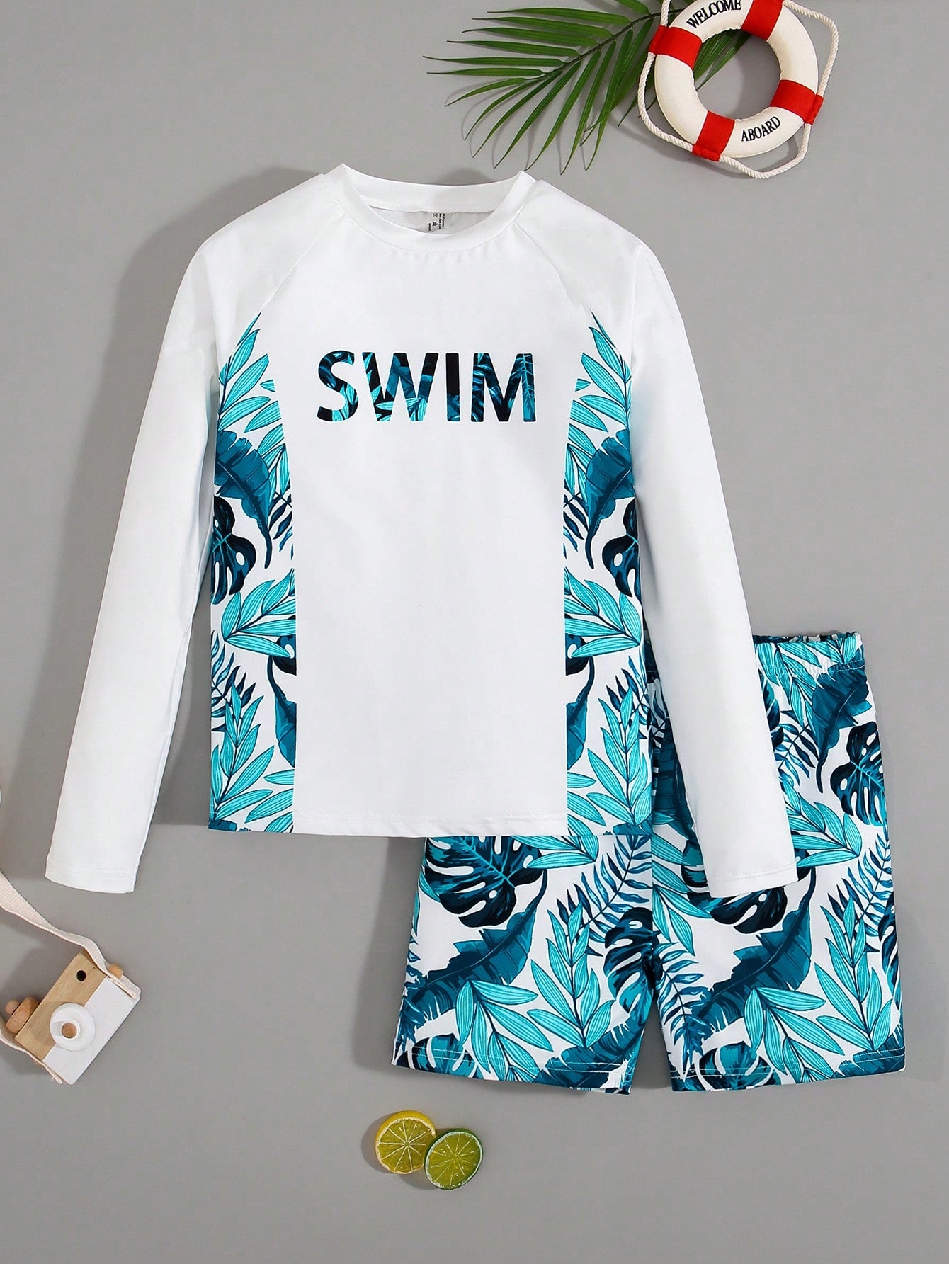 Teen Boys' Casual Patchwork Tropical Print Long Sleeve Rash Guard Shirt With Boxer Briefs Swim Shorts