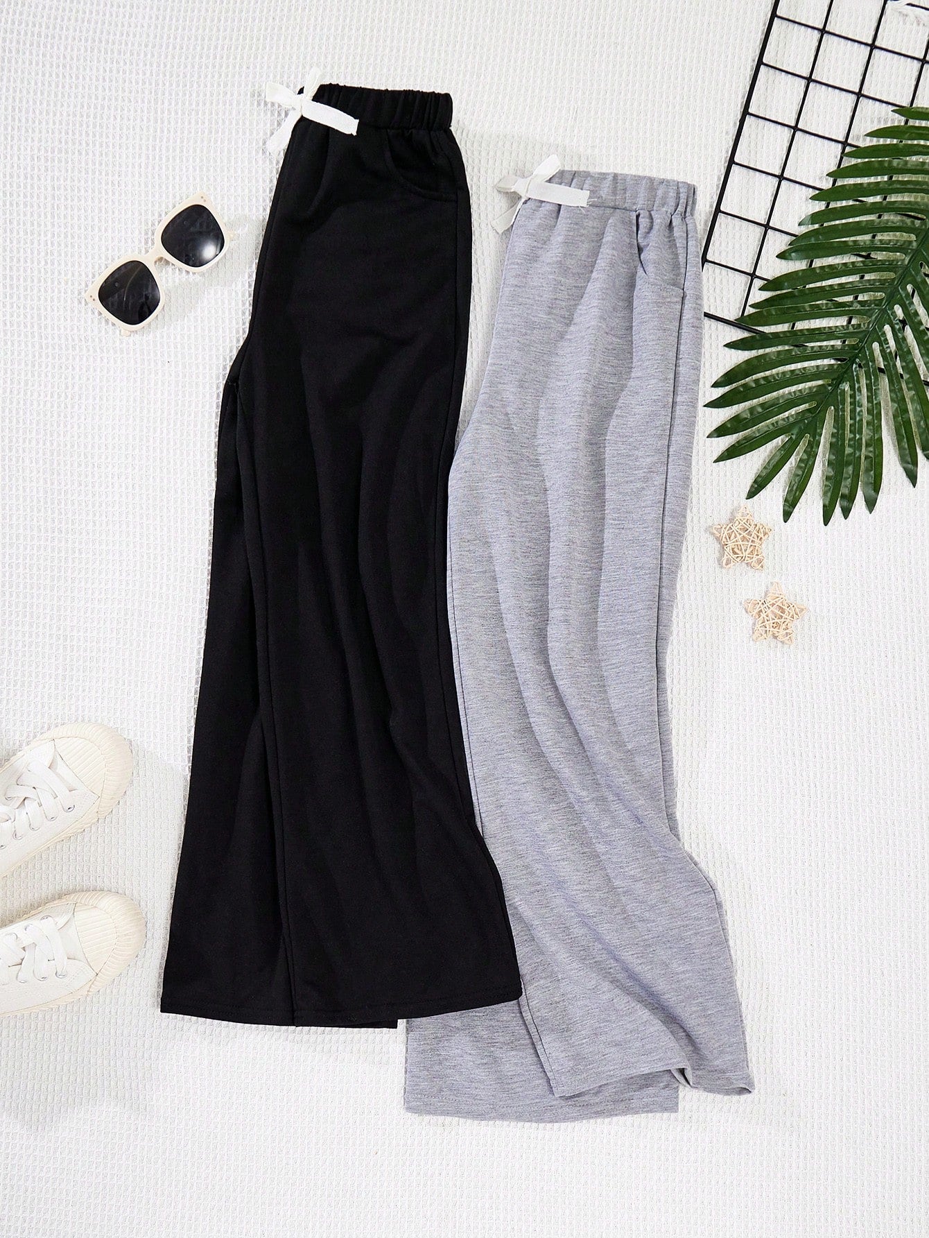 2pcs Soft & Loose Straight-Leg Solid Color Casual Pants Set For Tween Girls