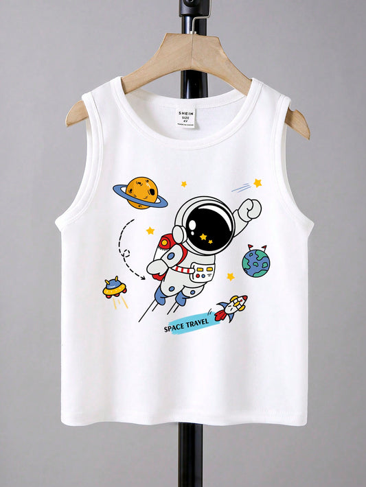 Young Boy Casual & Simple Cartoon Astronaut Pattern Tank Top, Suitable For Summer