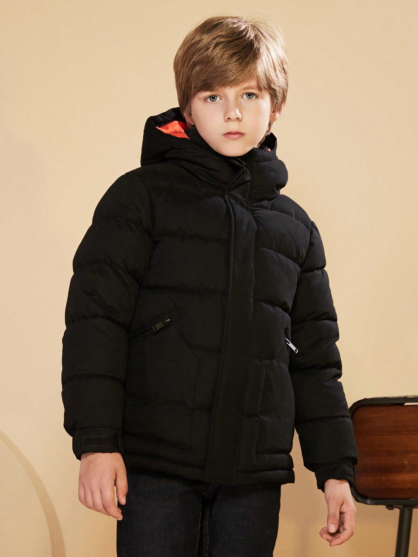 Tween Boy Waterproof Thickened Zipper Pocket Hooded Winter Jacket