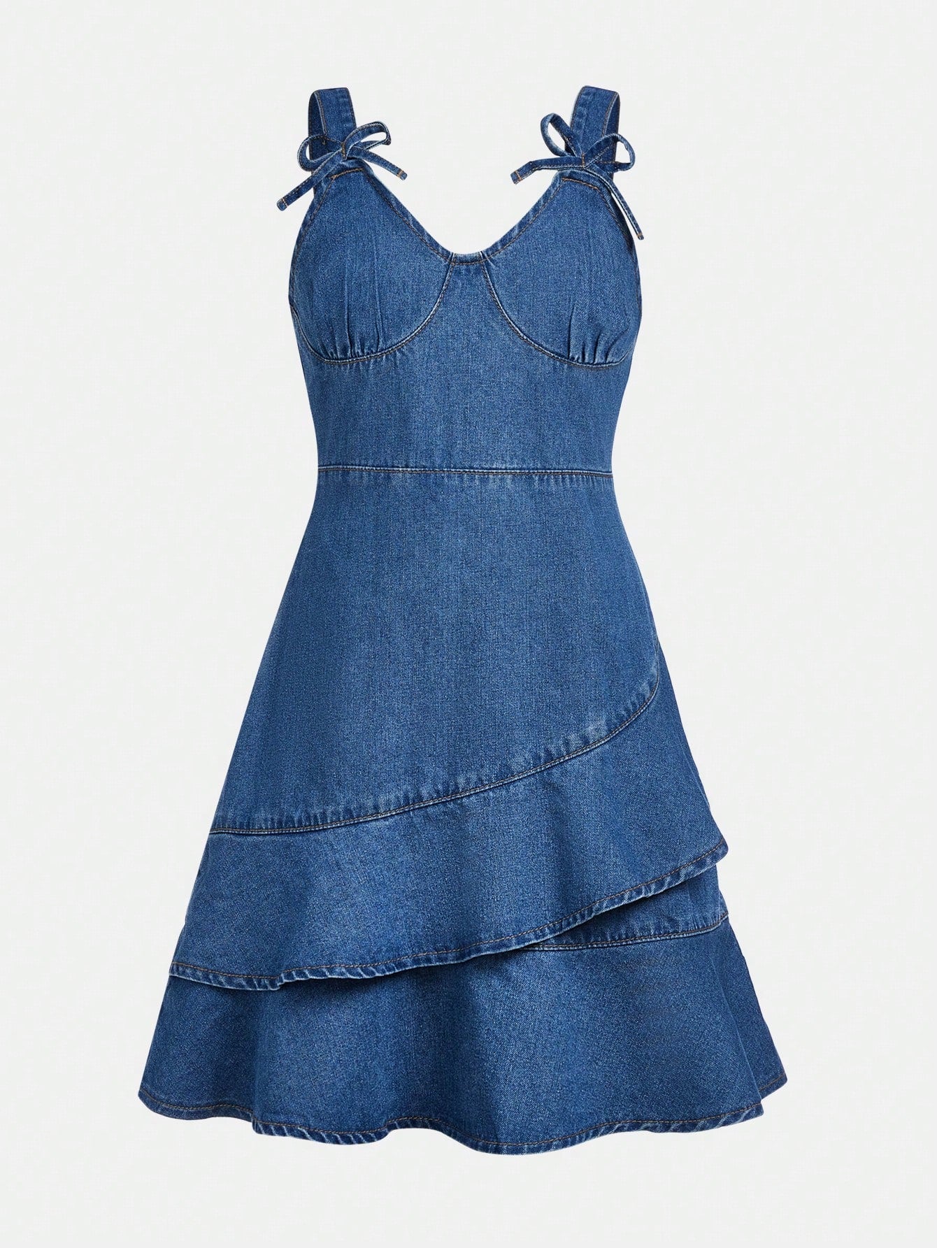 Tween Girls' Vacation Leisure Ladylike Style Denim Dress With Bowknot Detail, Gathered Waist And Ruffled Hem