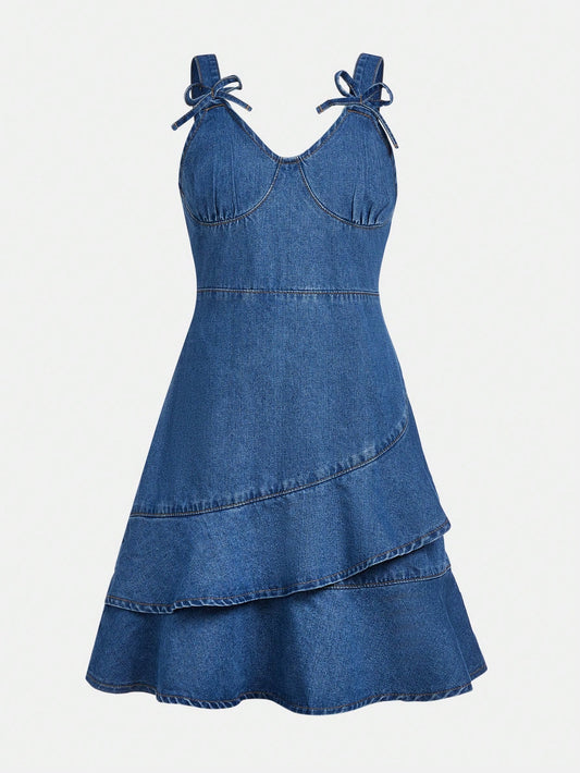 Tween Girls' Vacation Leisure Ladylike Style Denim Dress With Bowknot Detail, Gathered Waist And Ruffled Hem