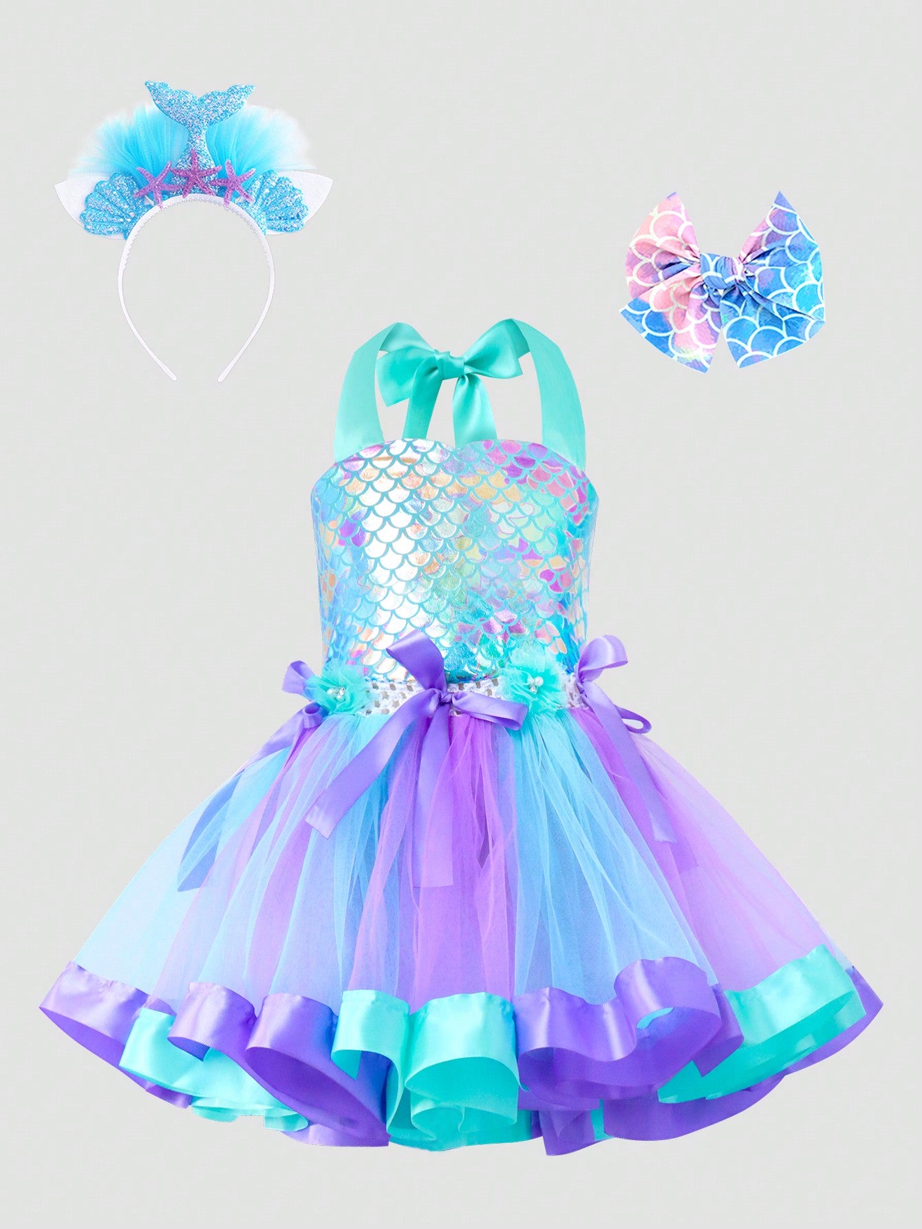 Young Girl Blue & Purple Fish Scale Printed Mesh Mermaid Dress With Hair Accessories