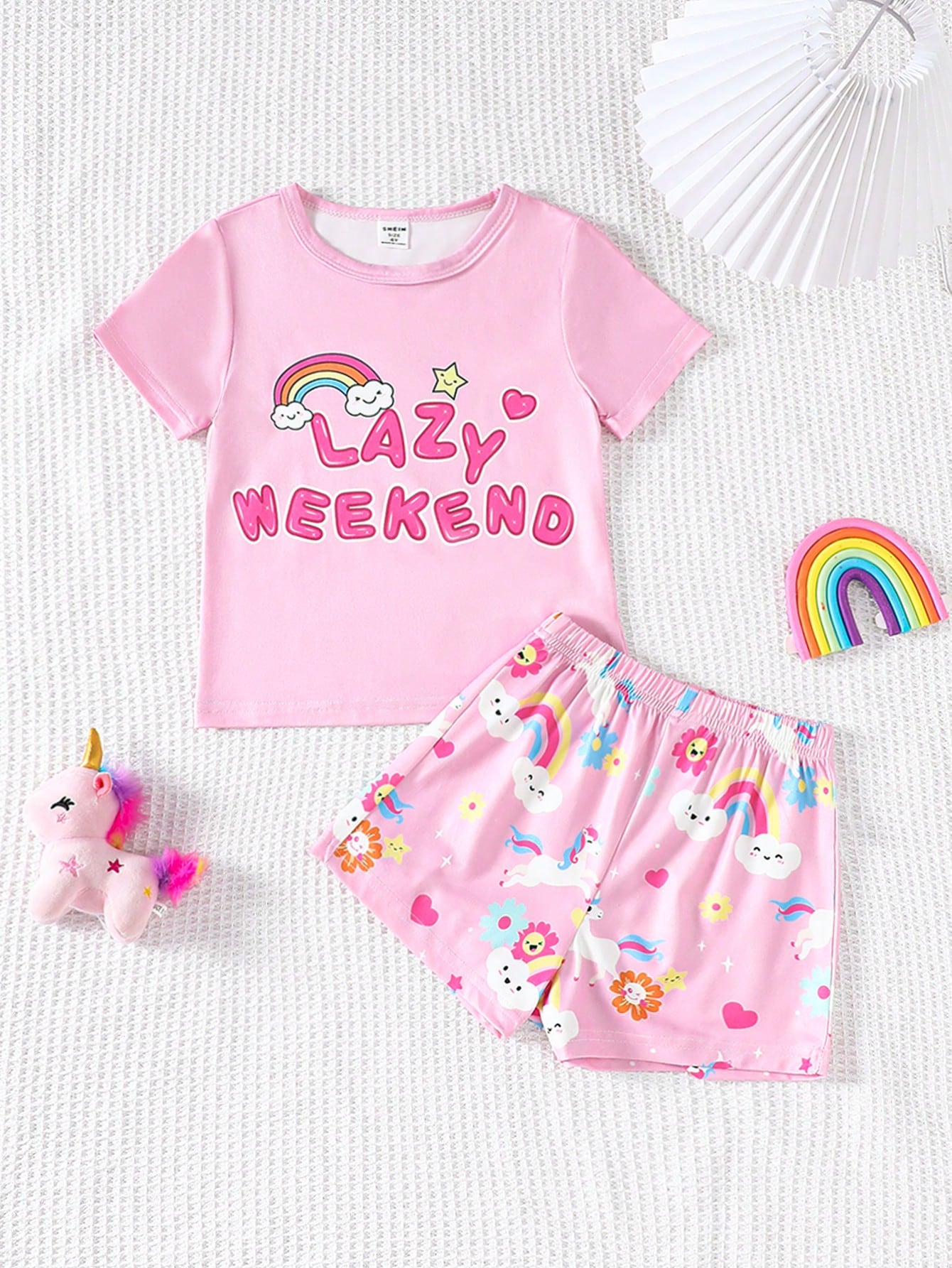 Young Girls' Lovely Pink Simple Rainbow & Letter Print Short Sleeve T-Shirt And Shorts Set, Tight Fit Home Wear