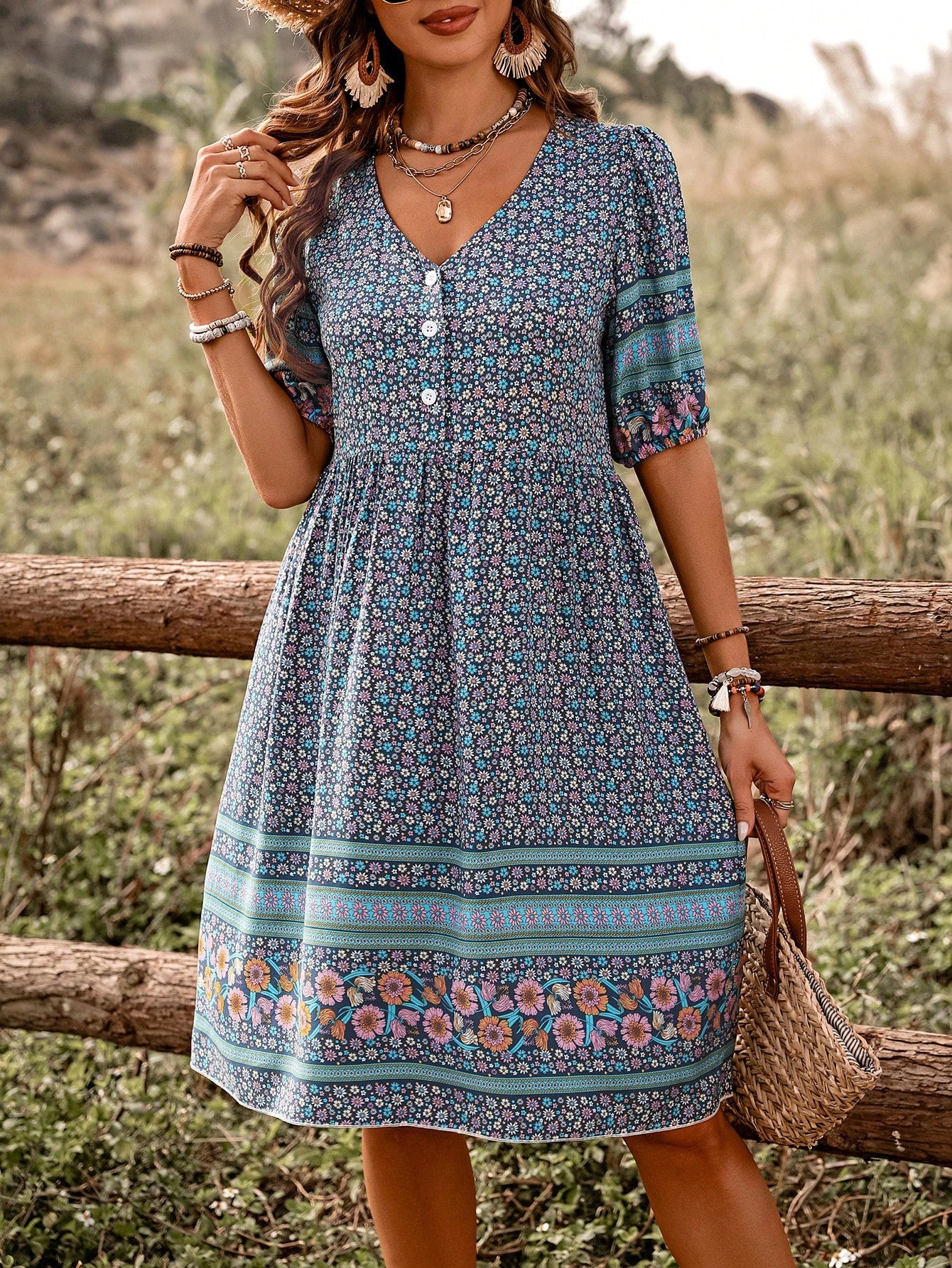 Floral Printed Buttoned Casual Dress