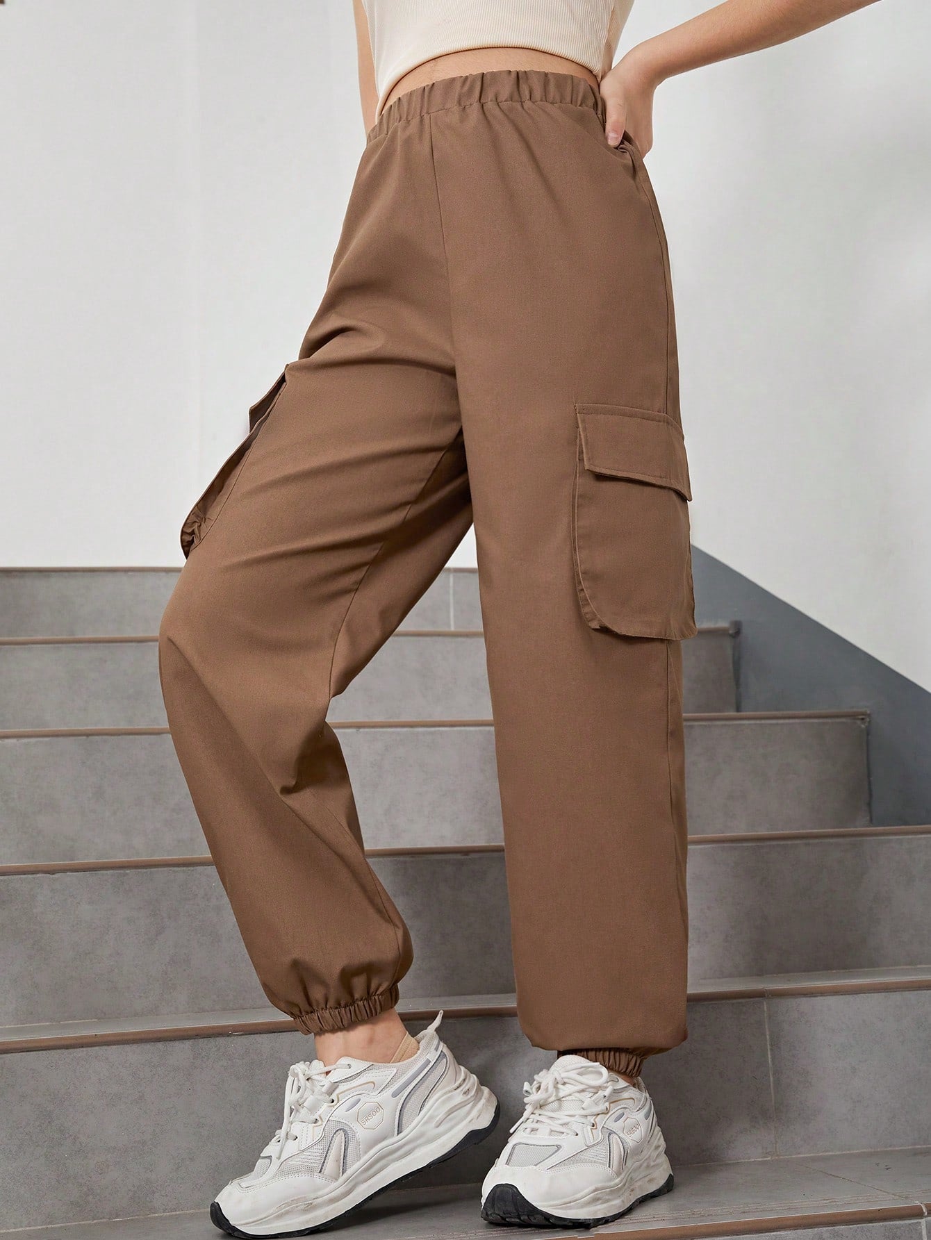 Teen Girl Casual Solid Color High Waisted Cargo Pants, Suitable For Spring, Summer And Autumn