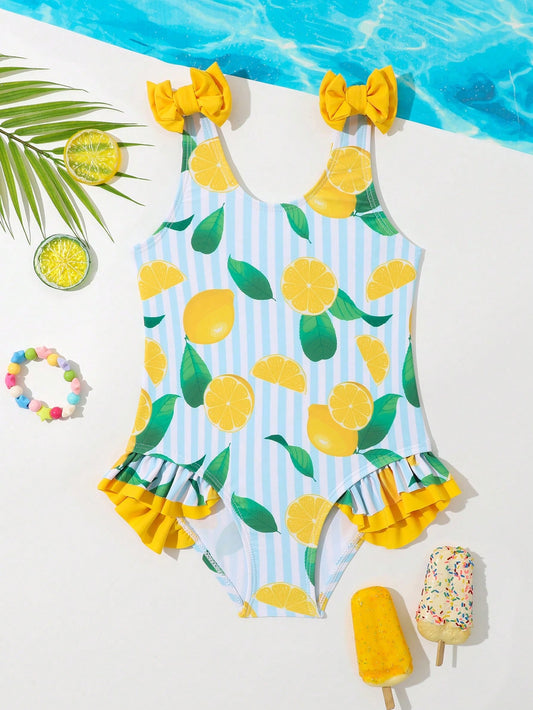 Young Girls' Lemon Pattern One-Piece Swimsuit With Ruffle Trim And No Bound Edges