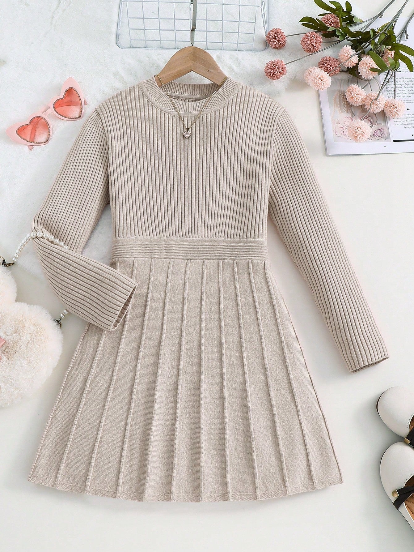 Tween Girl Solid Color Ribbed Knit Dress With Round Neck