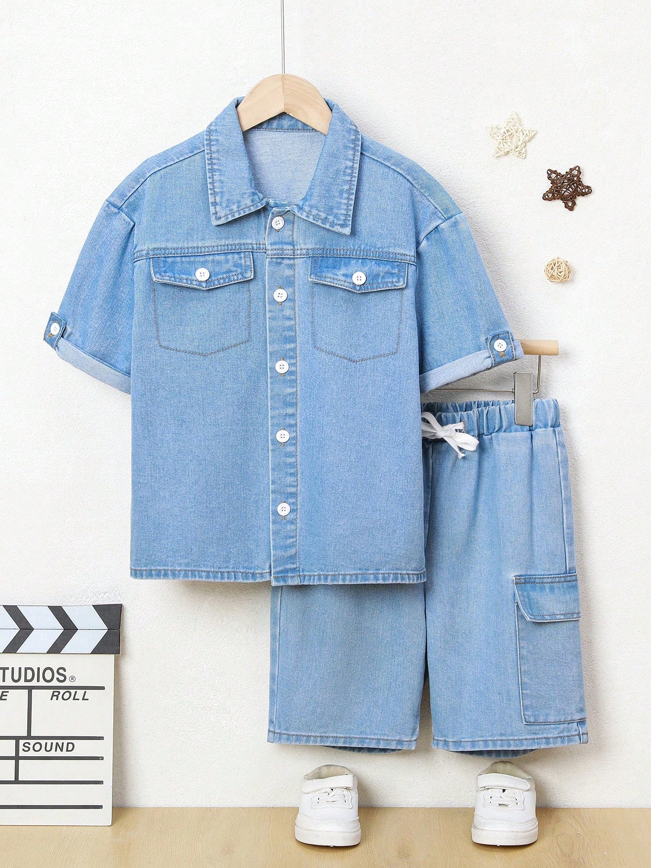 Tween Boy Casual Short Sleeve Top And Shorts Denim Set For Spring/Summer