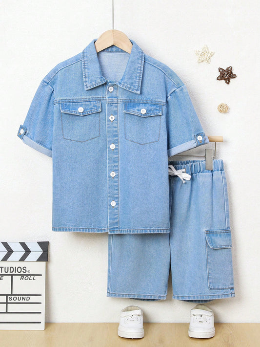 Tween Boys' Short Sleeve Denim Shirt And Denim Shorts Set