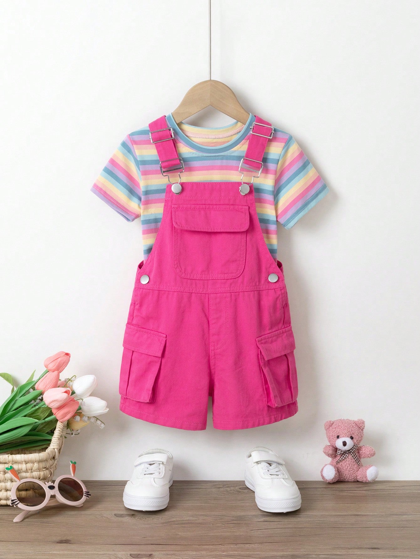 Young Girls' Side Flap Pocket Cargo Denim Overall Shorts