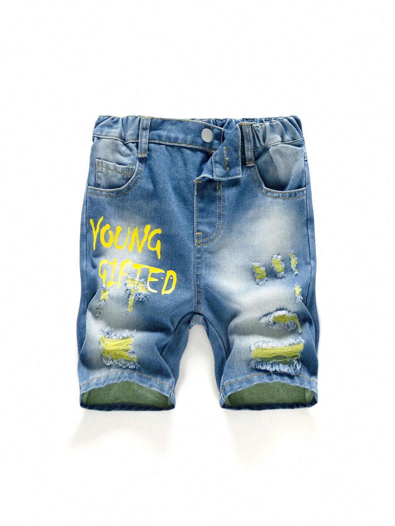 Young Boy Fashionable Street Style All-Match Letter Printed Ripped Denim Shorts