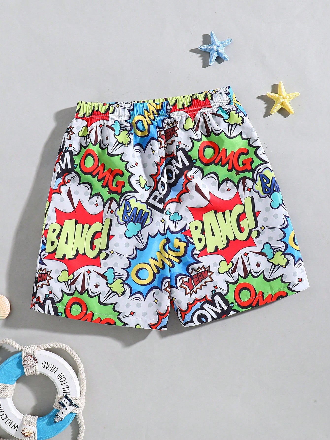 Tween Boys' Casual Vacation Loose Weave Beach Shorts/Swim Trunks With Multicolor Pop Art Graffiti And Letter Print