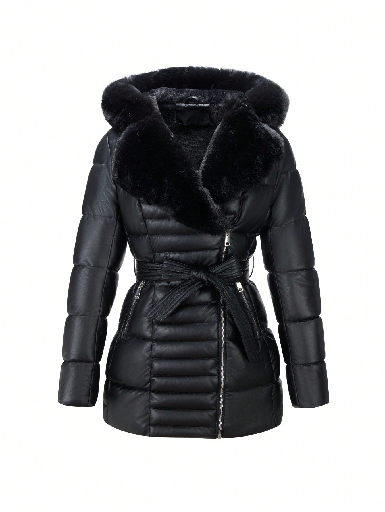 Women's Autumn Winter PU Simple Padded Quilted Coat With Detachable Faux Fur Collar And Belt