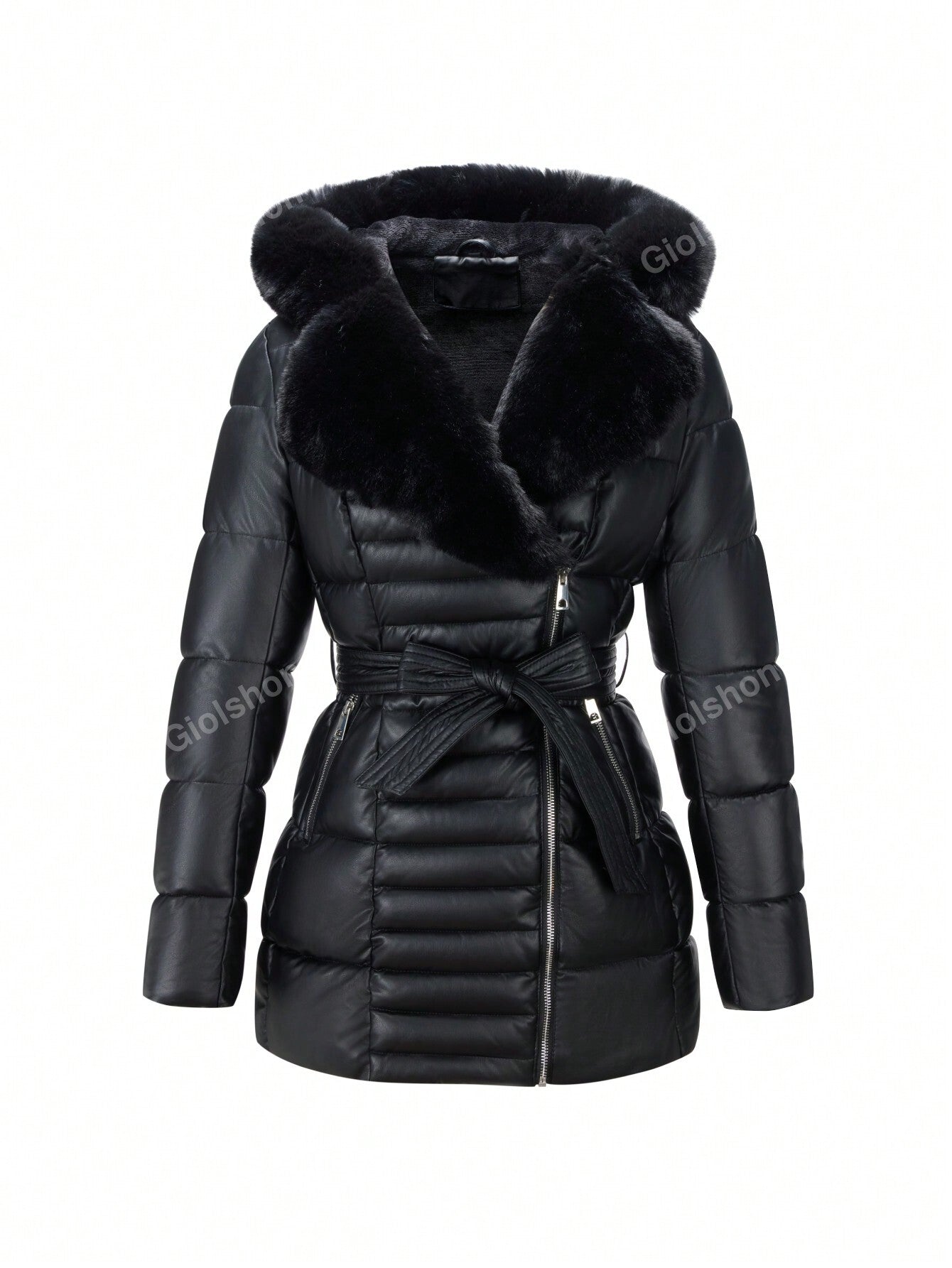 Women's Autumn/Winter Warm PU Minimalist Padded Fleece Coat With Elegant Hood, Faux Fur Collar, Detachable Belt